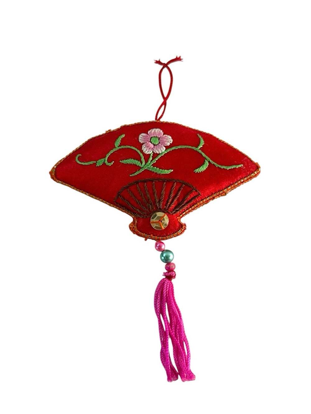 Embroidered Red Satin Asian Fan Ornament Floral Pink Tassel Hanging Decor